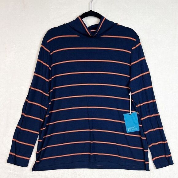 Market & Spruce Navy Stripe High Neck Long Sleeve Top Blouse Size XL Petite NWT - Picture 6 of 12